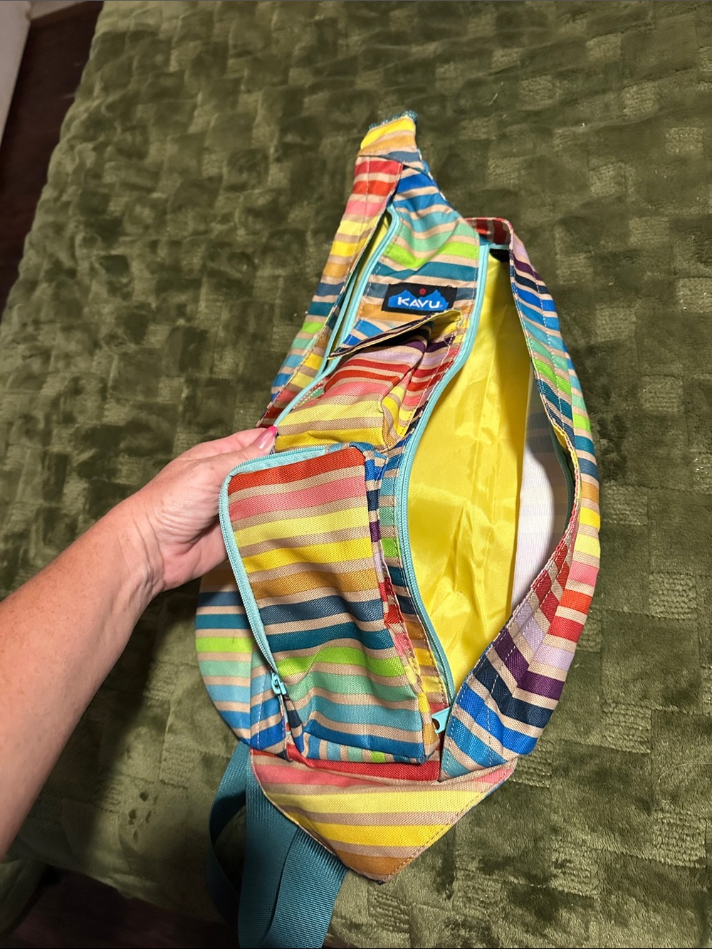 Kavu Multicolor Striped Sling Bag with Teal Strap - Picture 5 of 6